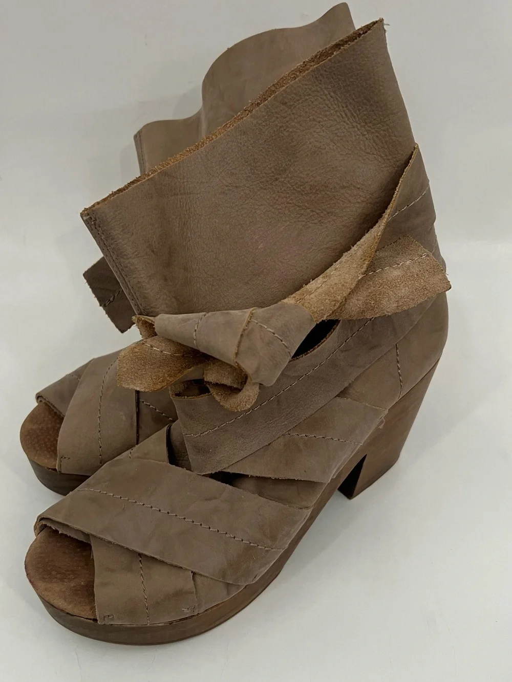 Free People Spire Taupe Leather Ankle-Wrap Platform Clogs